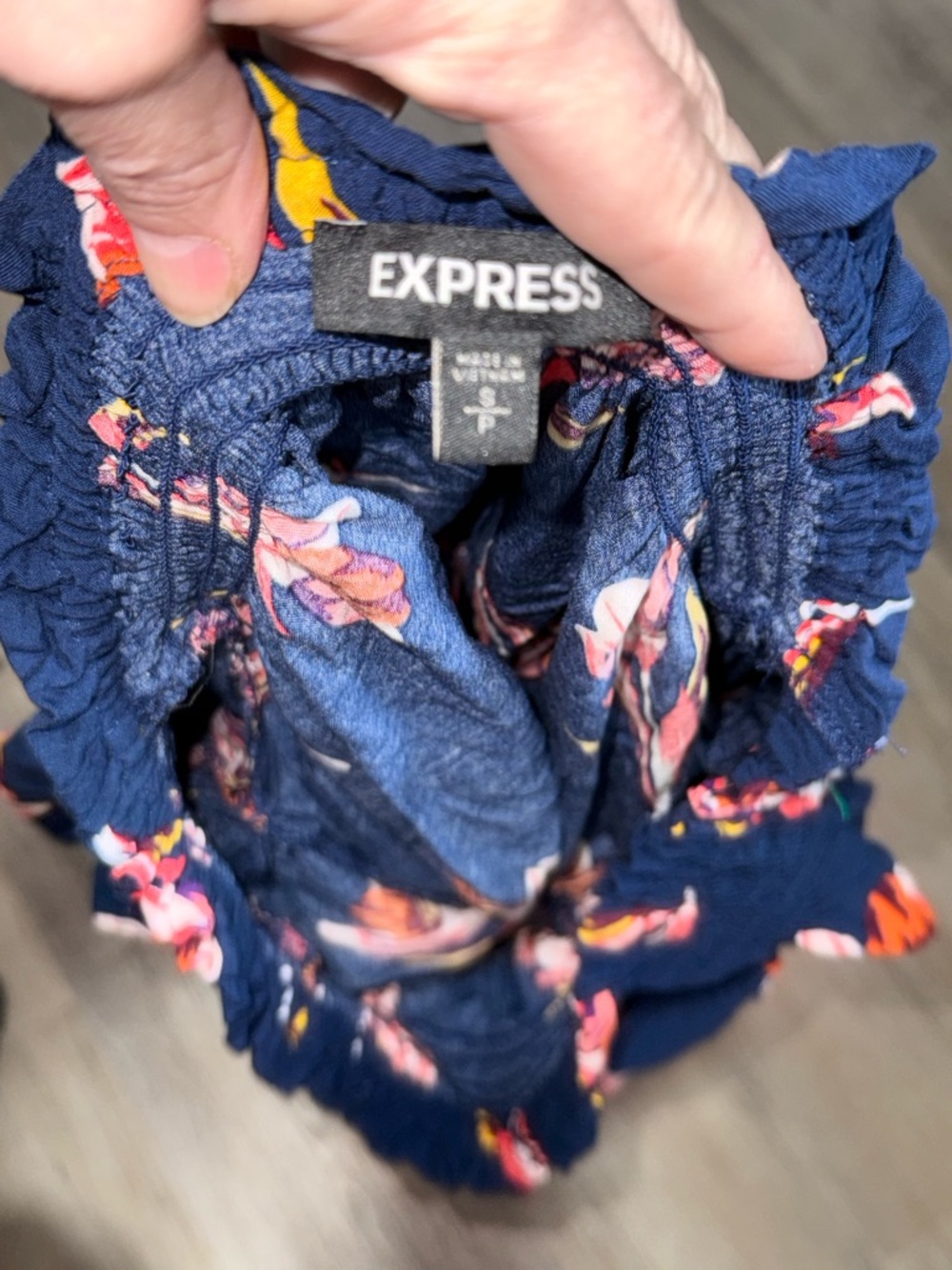 Express Navy Floral Off-Shoulder Smocked Waist Blouse - Picture 3 of 11